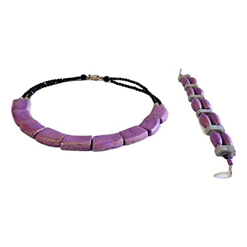 Ensemble collier et bracelet en céramique pourpre nacré Charleston, élégance féminine intemporelle