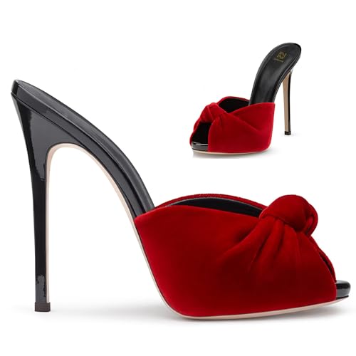 Image of LEHOOR Women Stiletto Heel Mules Platform Bow Round Open Toe Slip On Mule Sandals Velvet Cute 5 Inch Thin High Heels Peep Toe Stilettos Backless Sandal Heels Dress Evening Party 5-12 M US