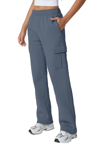 Image of QINSEN Baggy Medium Waist Elastic Sweatpants for Womens Casual Long Fleece Cargo Pants with Pockets