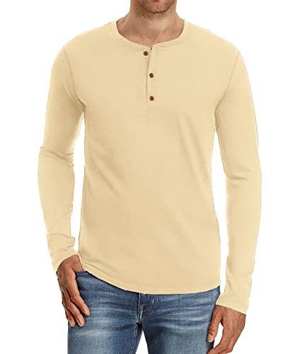 NITAGUT Mens Fashion Casual Front Placket Basic Long Sleeve Henley T-Shirts (L, Beige)