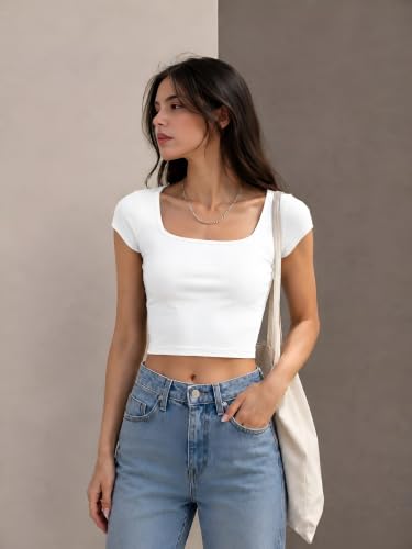 Image of Women Square Neck Crop Top | Korean Style Short Sleeve Fitted Top for Woman | Stretchable Casual Crop Top