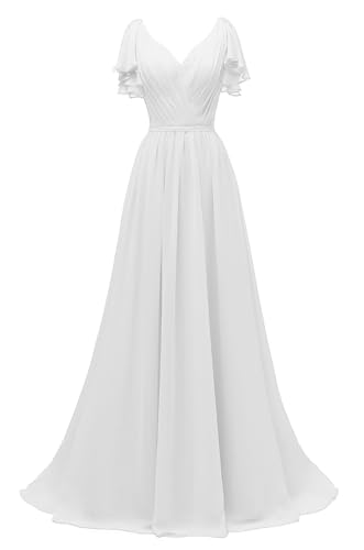 Image of Yexinbridal Ruffle Sleeves Bridesmaid Dresses V-Neck Chiffon Long Formal Wedding Evening Party Gowns for Women