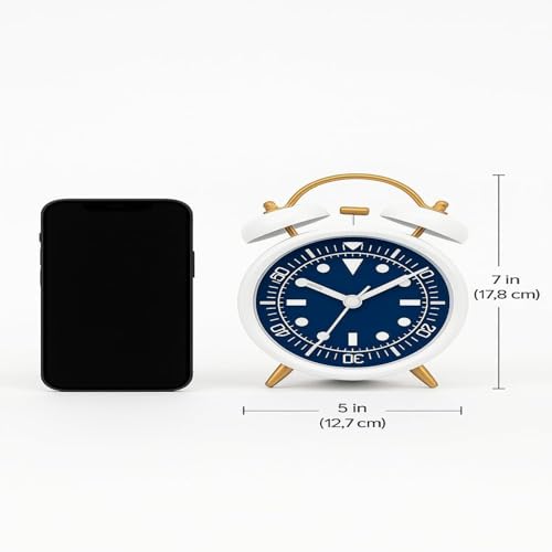 Image of STL Retro Twin Bell Alarm Clock with Night LED | Loud Bedside Alarm, Non-Ticking Silent Sweep, Metal Frame Table Clock for Students, Bedroom & Office (Sky Blue & White)