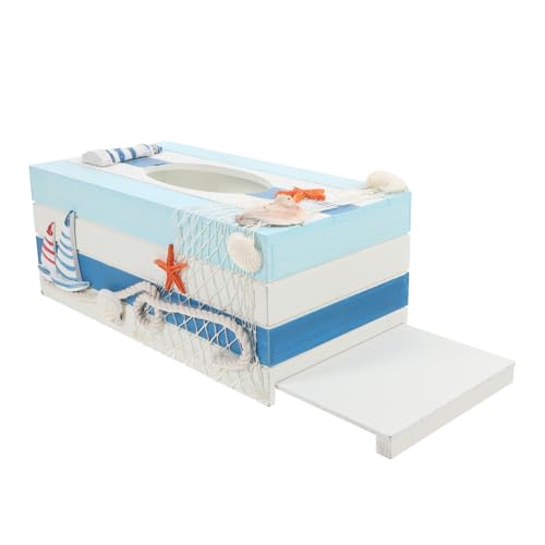 Unomor 1Pc Mediterranean Decorative Wooden Tissue Box Stylish Storage for Home Office Automotive Decor Unique Streaked Lighthouse Sailboat Design Craftsmanship