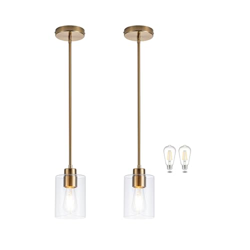 Image of MAYNA 2-Pack Brushed Brass Pendant Lights, Elegant Glass Hanging Lighting with Bulbs, Adjustable Rods Modern Fixtures for Kitchen Island, Breakfast Bar
