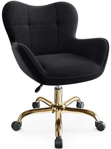 BestEra Vanity Chair with Wheels, Cute Home Office Desk Chairs Adjustable Height for Living Bedroom, Small Modern Fluffy Velvet Makeup Chair with Back for Girls (Black)