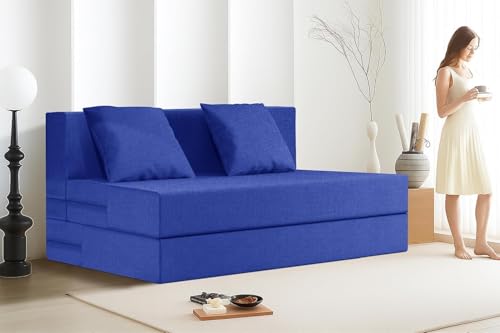 Image of Rosebell Two-Person Jute Sofa Cum Bed | Compact & Lightweight | Removable Washable Cover- Including 2 Cushion | 4x6 Ft Size | Home or Office - Blue Color