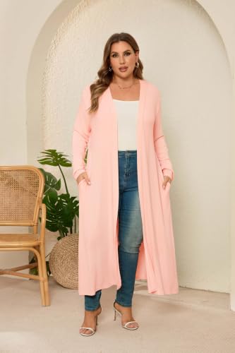 Image of Women Plus Size Floor Length Open Front Drape Cardigan Lightweight Long Sleeve Maxi Duster with Pockets 1X-5X