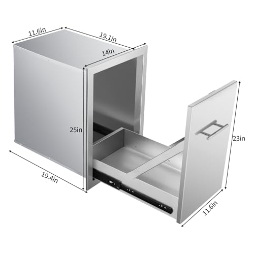 Image of Pull Out Trash Can Drawer Outdoor Kitchen Trash Cabinet Stainless Steel Flush Mount for Outdoor Kitchens & BBQ Islands 14 inch W x 25.7 inch H x 19.4 inch D