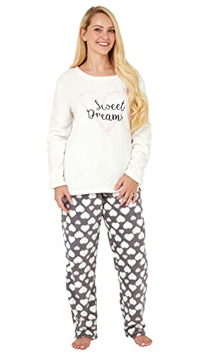 Nikaro Pyjama polaire pour femme avec pantalon imprimé cœur et haut à manches longues avec joli slogan brodé, crème, S Cover