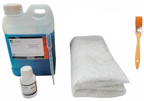 Kit de Résine Polyester 2kg avec 60g de Catalyseur, 2m² de Mat de Verre 300g - Inclus Pinceau et Pipette - Idéal pour Projets de Réparation et Créations...