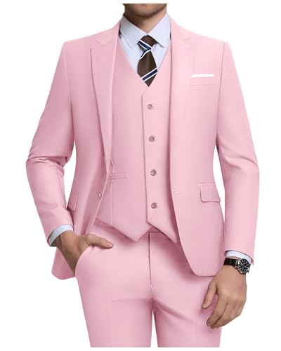 Men Suit Set Slim Fit Wedding Suit Business Suit Pink Prom Groomsmen Suits Tuxedos Jacket Blazer Vest Pants Men Suits L