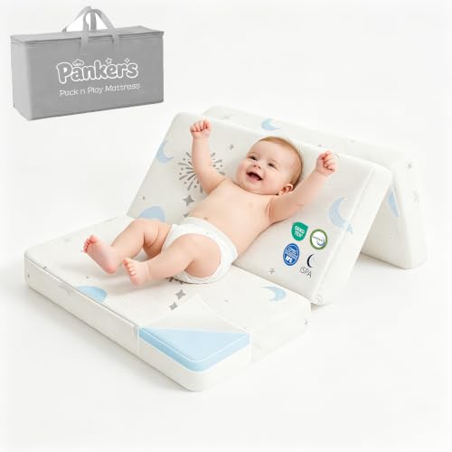 Image of PanKers Trifold Pack and Play Mattress,38 inchx26 inch Dual Sided High Density Memory Foam Pack N Play Mattresses, Baby Mattress for Pack N Play Plen with Breathable Washable Cover