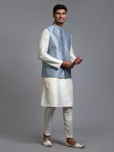 Image of VM Men's Grey And Cream Silk Blend Jacket, Kurta and Pyjama Set