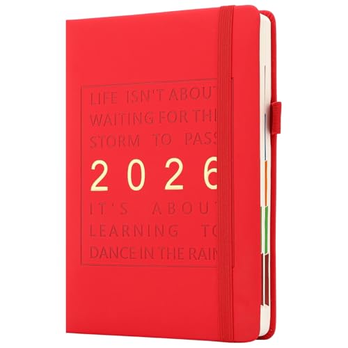 2026 Diary A5 Page a Day from Jan to Dec,Full Year Daily Planner with Colorful Monthly Tabs,Hardcover Academic Diary 2026 with Inner Pocket,Bookmark (Red)