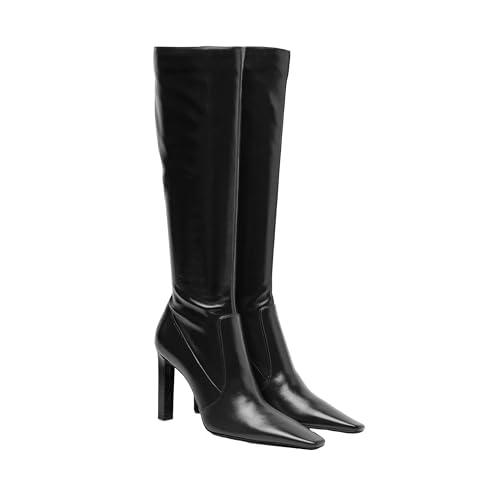 THESHY Women's Knee High Boots Pointed Toe Block Stiletto Heel Faux Leather Fashion Side Zipper Casual Dressy Party Tall Boots for Women