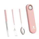 Besteck Gabel Löffel Essstäbchen Set aus Edelstahl mit ergonomischem und Cartoon Tragetasche für Studenten, Camping Essutensilien