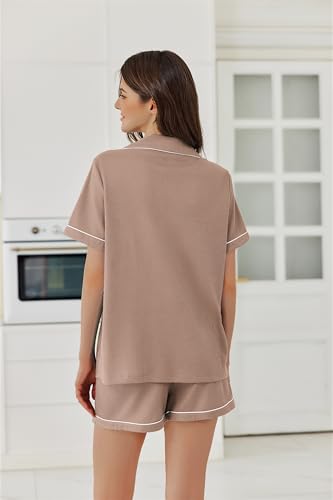 Image of Ekouaer Womens Waffle Knit Pajama Sets Soft Short Sleeve Button Down Sleepwear Cozy 2 Piece Pjs Shorts Set