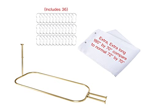 Utopia Alley Rustproof Aluminum Hoop Shower Rod With Ceiling Support for Clawfoot Tub, 45.7 Inch Size by 22 Inch, Gold + White Shower Curtain 180x70inch