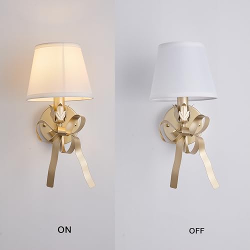 Image of Gold Brass Sconces Wall Decor Set of 2, Bow Wall Scones Set of Two with Fabric Shades, Modern Bedside Wall Lights Fixtures for Bedroom, Girls Room, Hardwired