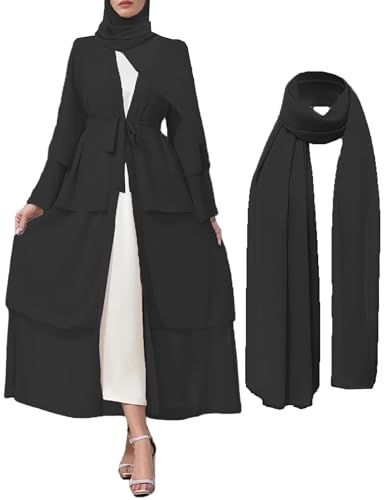 Muslim Abaya Dress for Women Modest Muslim Robe Long Sleeve Open Front Cardigan Islamic Dubai Outfits with Hijab Belt