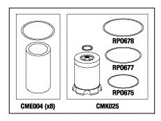 Diagram showing the components of the RPI CMK172 Compressor PM Kit, including eight CME004 replacement filter elements and one CMK025 coalescing filter element with O-rings.
