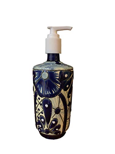 Blue and White Talavera Ceramic Soap and Lotion Dispenser, for Kitchen or Bathroom Countertops - Hand Painted Mexican Pottery - Mexican Jabonera Alta Azul
