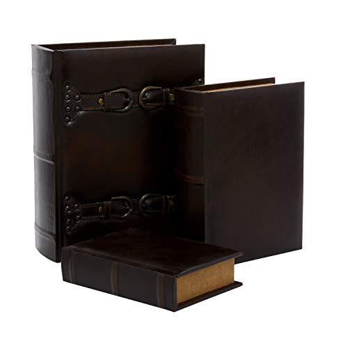 Deco 79 Wooden Decorative Box Faux Storage Book Book Shaped Boxes with Faux Leather Detailing, Set of 3 Decorative Keepsake Boxes 14", 11", 9"H, Brown
