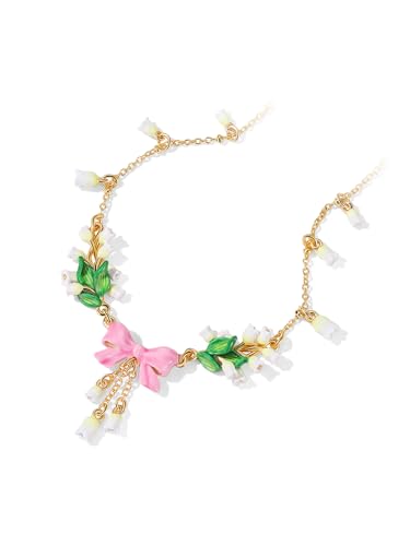 Pink Bow And Lily Flower Enamel Pendant Necklace Jewelry Gift3