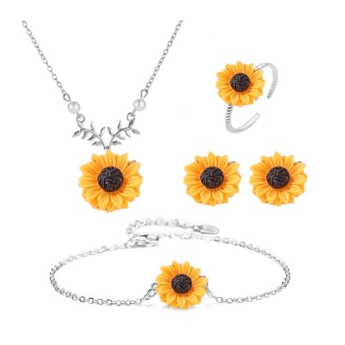 XFSRG 5 Piezas Conjunto Joyería Collar Colgante Flores Pendientes Girasol Juego de Joyas Pétalo Flor Collar Pendientes Pulsera Flor Joyas de Flores para Mujer (Plata)