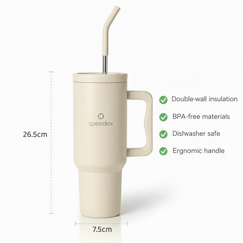 Image of Speedex 1200 ml Insulated Stainless Steel Tumbler with Handle, Straw & Cleaning Brush, Double Wall Leakproof Sipper Bottle, 24H Cold 18H Hot, Cup Holder Fit Travel Mug for Men Women (Cream, 1.2 l)