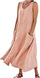 Vestidos de lino para mujer 2024, vestidos largos de algodón italiano, sin mangas, talla grande, cuello redondo, vestido de verano fluido, rosa, XXL