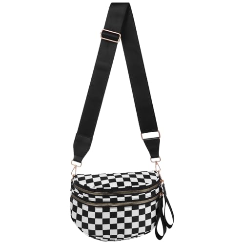 Black and White Checkered Crossbody Bag, Travel Bum Bag with Multiple Zipper Pockets, Nylon Sling Fanny Pack with Adjustable Strap, Lightweight Casual Shoulder Purse for Women Everyday Use