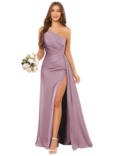 HYY One Shoulder Bridesmaid Dresses for Women Satin Mermaid Pleated Long Formal Wedding Guest Dress with Slit