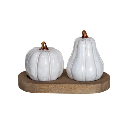 Creative Co-Op Stoneware Pumpkin Shaped Salt and Pepper Shakers on a Wood Tray in Reactive Glaze, White and Natural