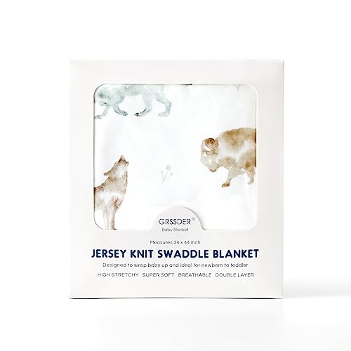 GRSSDER Baby Blankets Super Soft Jersey Knit Swaddle Blanket for Baby Girls and Boys, Double Layer Reversible Receiving Blankets 34 x 44 Inches Extra Large for Swaddling, Animals Print