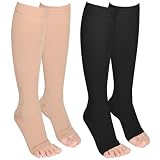 Wegitcs 2 Pairs Compression Socks for Women and Men,20-30mmHg Open Toe Compression Sock,Knee High Graduated Medical Compression Stockings,Best Support Socks for Varicose Veins(Beige&Black,XX-Large)
