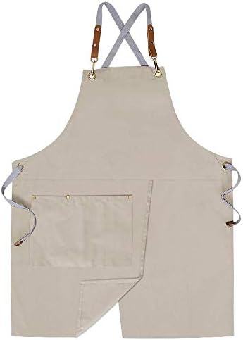 Mignongirl Crossback Apron with Pockets x2,Split Apron with Adjustable Straps,M-XXL (Beige)