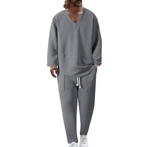 Men's Fashion Textured V Neck Sets 2 Piece Regular Fit Long Sleeve Shirt and Trousers Solid Color Loungewear Outfits Comfortable Home Relaxation Clothing Plus Size Grey