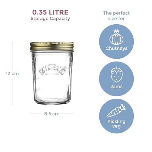 Image of Kilner Premium 4 x 350ml Wide Mouth Airtight Glass Preserve Jar | Multipurpose Kitchen Storage Container for Storing and Preserving Jams, Pickles, Chutneys