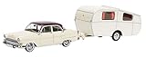 beige-rot-weiß Dickie-Schuco 450268600 - Opel Kapitän mit Wohnanhänger Dethleffs Globetrotter, 1:43