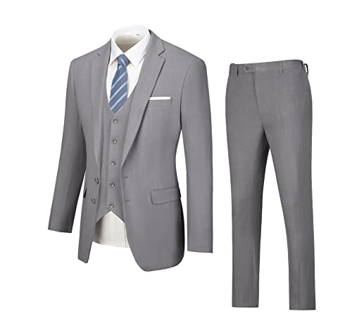 Linen Suits For Men 3-Piece Casual Summer Beach Wedding Suits Retro Slim Fit Tuxedo Groom Tux Blazer Vest & Pants Gray-Xxl #TOP5