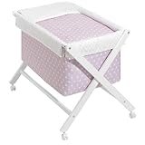 mibebestore Minicuna de Tijera Plegable de Madera con Ruedas y Frenos – Incluye Colchón, Almohada y Textil 100% Algodón – hasta 9 Meses – Blanco/Rosa