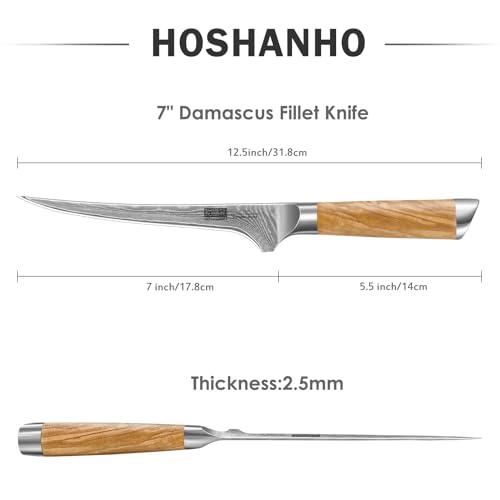 HOSHANHO Damascus Fillet Knife 7 Inch, Professional 10Cr15CoMoV Super Steel Boning Knife, Ultra Sharp Fish Knife with Ergonomic Handle