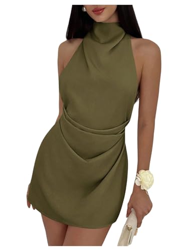 Floerns Women's Ruched Cowl Neck Halter Mini Dress Tie Backless Night Out Dresses Army Green X-Small