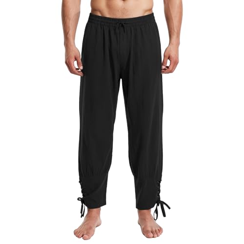 FJKVKDT Mens Medieval Ankle-Tie Pants Renaissance Pirate Trousers Loose Fit Casual Pants for Cosplay LARP Viking Costume Black