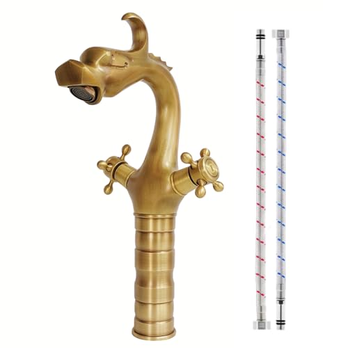 KOPYFANTAP Grifo de Lavabo Alto Latón Antiguo, Doble Manija Vintage Mezclador de Baño Bronce, Cabeza de Dragón Grifos de Baño Lavabo, Retro Grifo Mezclador de Agua Caliente y Fría (33 cm)