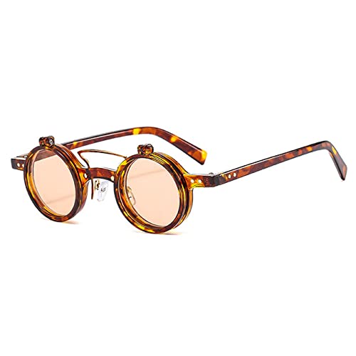 Lunettes de soleil rétro punk à double ponts champagne léopard avec verre relevable UV400