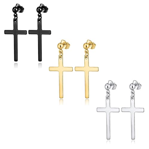 3 Pairs Mens Cross Drop Dangle Earrings Set Hanging Dangling Crucifix Stud Earingings Stainless Steel Black Gold Silver Fashion Jewelry Accessories