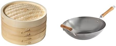 Joyce Chen 2-Tier Bamboo Steamer Baskets, 10-Inch + JOYCE CHEN Classic Series 14-Inch Carbon Steel Wok with Birch Handles